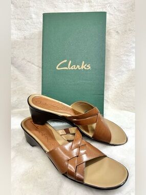 Clarks Tan Leather Cross Strap Slide In Wedge Sandals Size 9